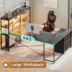 Corner Computer Desk, Reversible U Shaped Office Desk with 3 Fabric Drawers and Power Outlet, Corner Gaming Desk with LED Lights