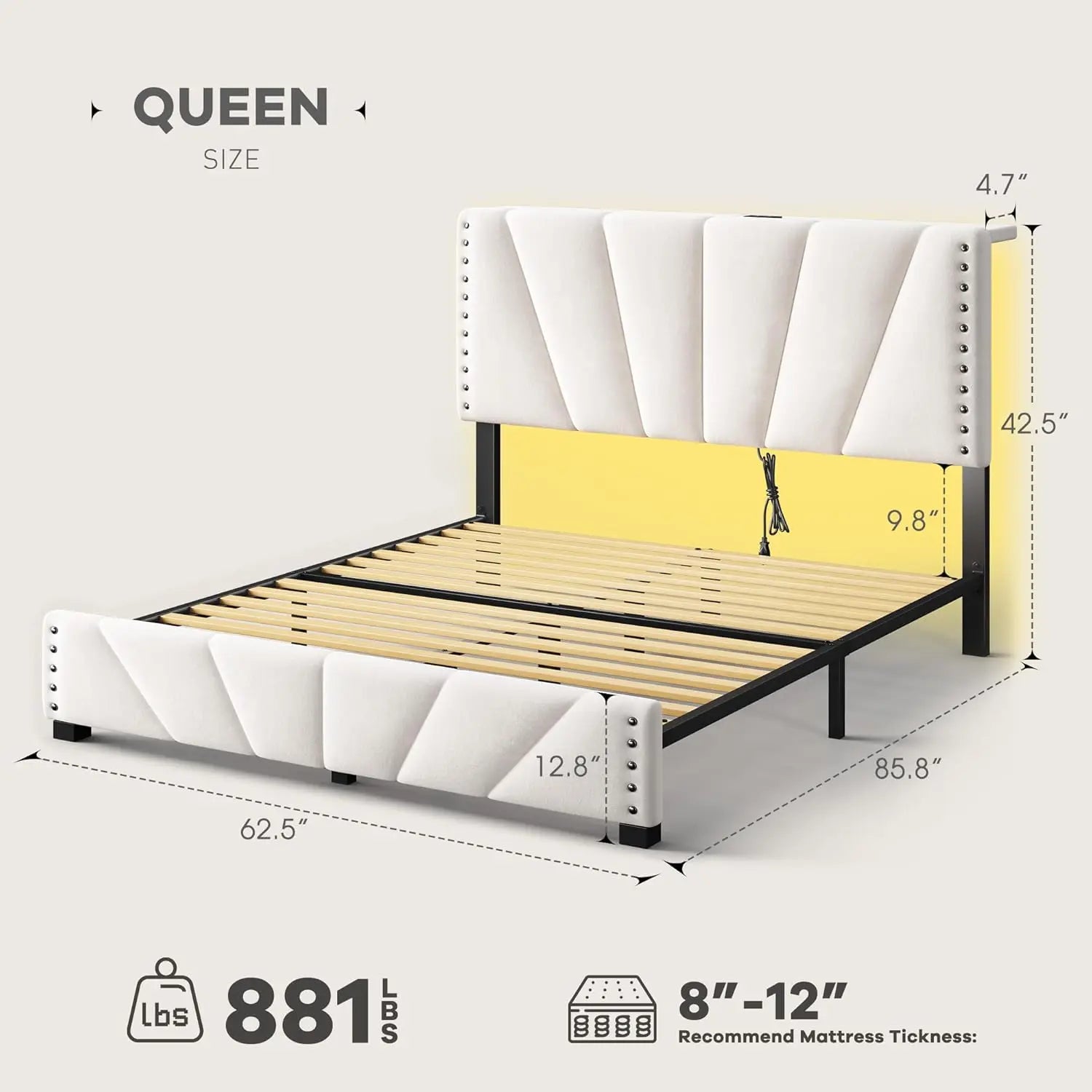Queen Size LED Platform Bed Frame with Velvet Headboard, Charging Station & RGB LED Lights
