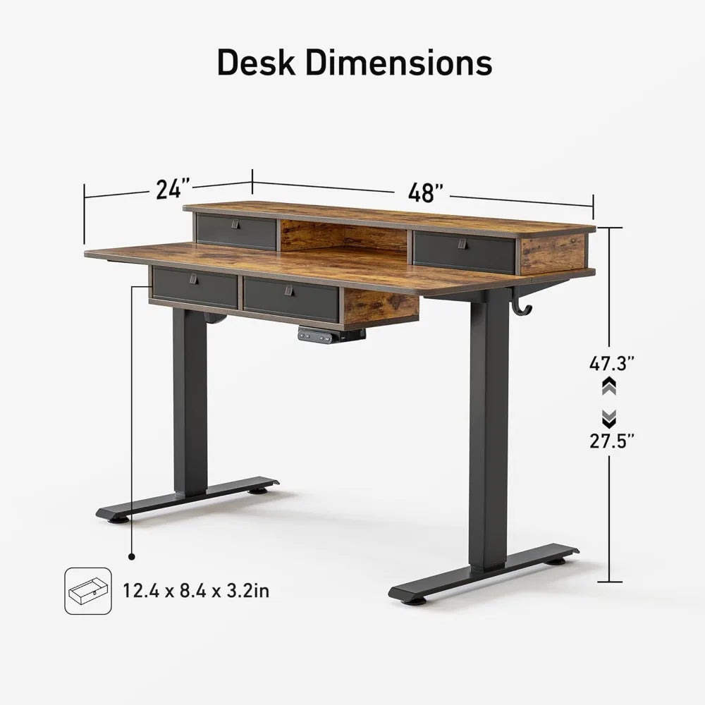 48 x 24 Electric Standing Desk Adjustable Height with 4 Drawers, Sit Stand Desk with Storage Shelf, Rising Desk with Splice Boa
