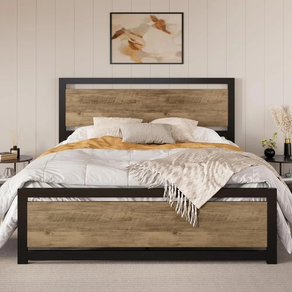 Heavy Duty Platform Metal Base Bed Frame with Modern Headboard