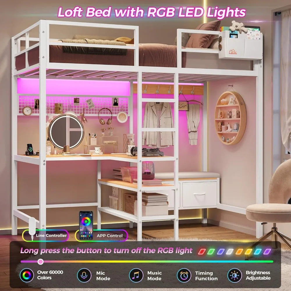 Twin Loft Metal Bed with L-Shaped Desk, Charging Station, LED Lights, and Storage Shelves