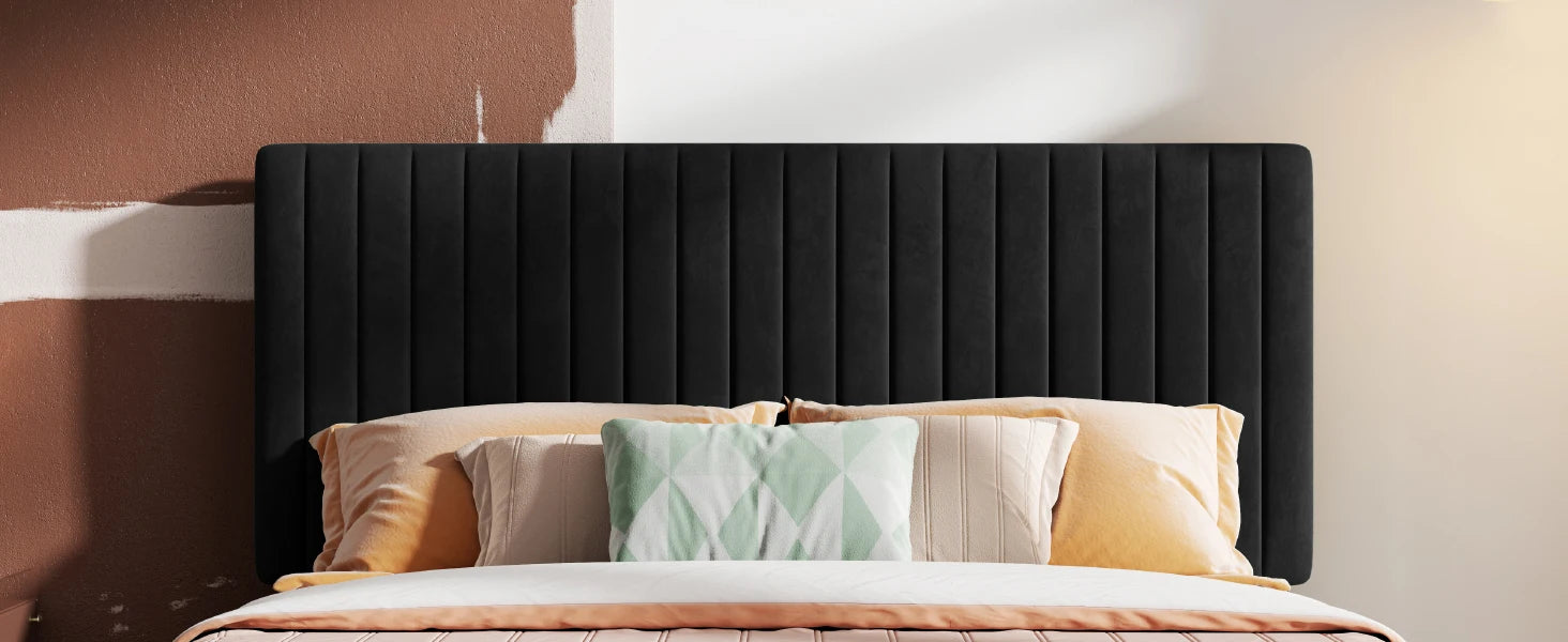 Upholstered Platform Bed Frame with Vertical Channel Tufted Velvet Fabric Adjustable Headboard