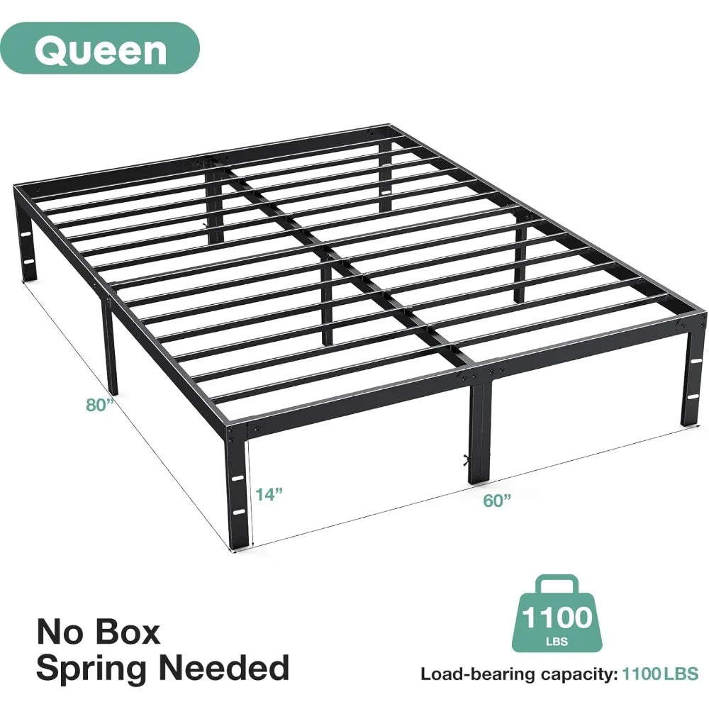 14 Inch High Full-size bed frame - Large heavy-duty metal platform beds frames w/storage space at the bottom, Full bed frame