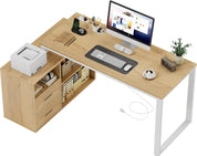 L Shaped Desk with Drawers&Shelves, 55'' Corner Computer Desk with Power Outlets, Reversible PC Table with Storage File Cabinet