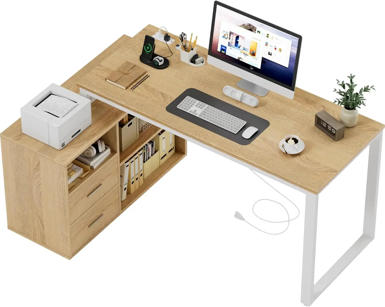 L Shaped Desk with Drawers&Shelves, 55'' Corner Computer Desk with Power Outlets, Reversible PC Table with Storage File Cabinet