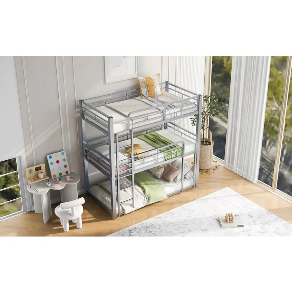Twin Size Metal Bunk Bed with Built-in Ladder, Safety Guardrails for Small Spaces