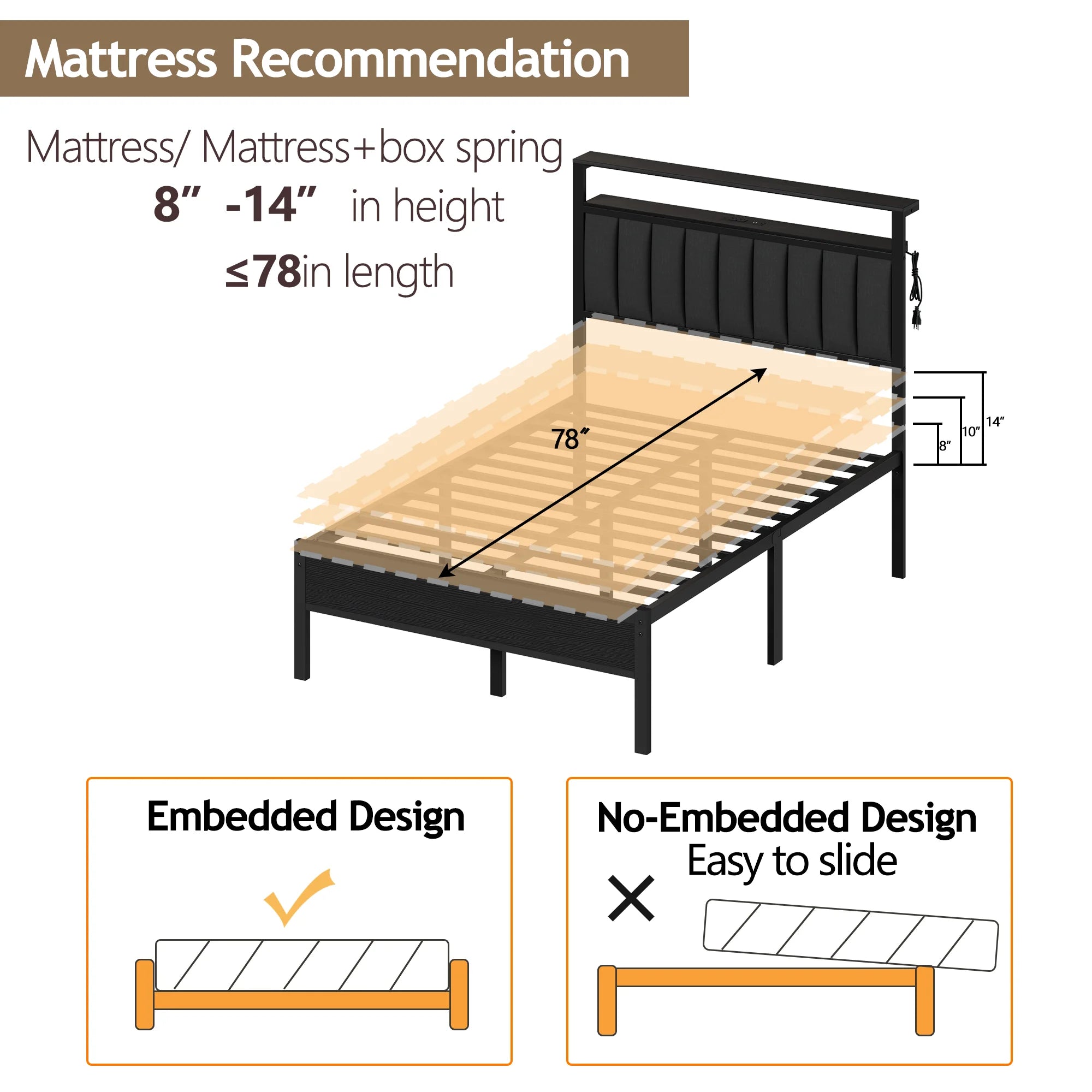 Full/Queen size bed frame with charging station, LED bed frame, headboard with frame, platform bed frame, soft cushion bed frame
