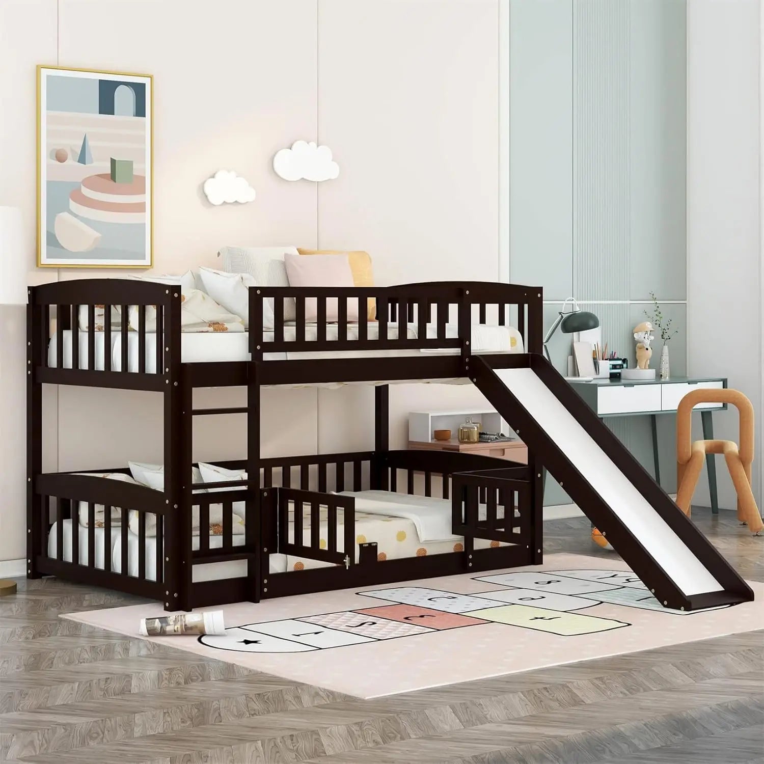 Full Over Full Low Bunk Bed with Slide and Fence Railings Wood Floor Bunk Beds with Ladder for Toddler Kids Boys Girls, Espresso