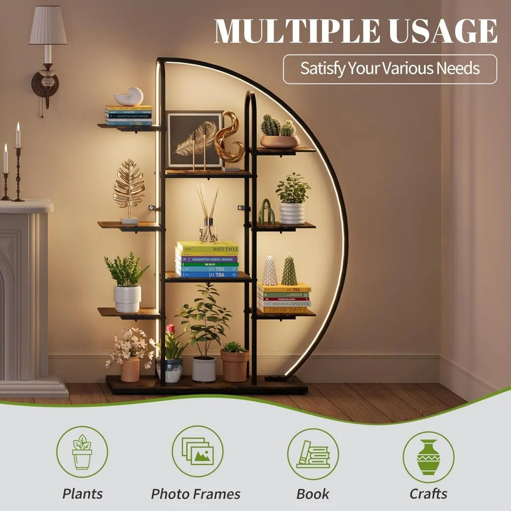 Big Plant Stand Indoor with Grow Lights and LED Light, 61”Tall Metal Plant Shelf Flower Stand for Multiple Plants, 9 Tier Moon-S