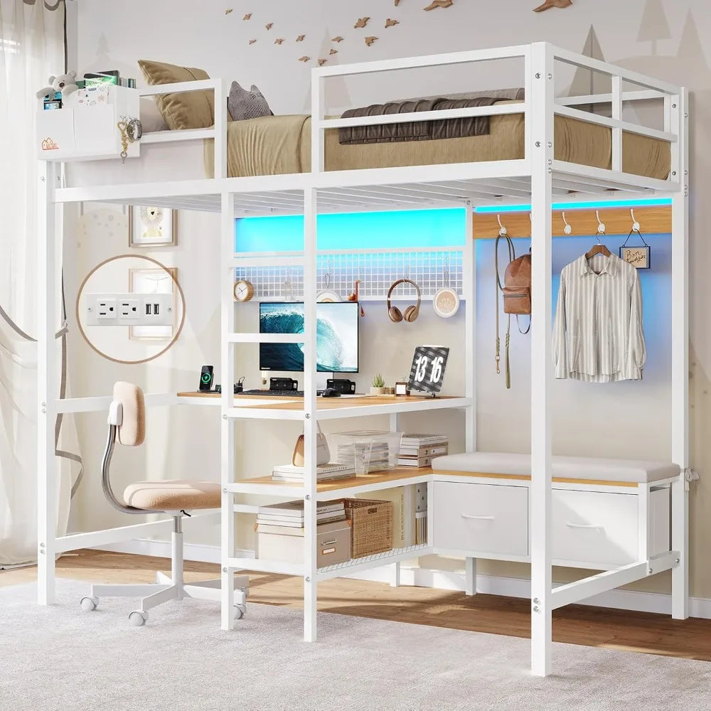 Twin Loft Metal Bed with L-Shaped Desk, Charging Station, LED Lights, and Storage Shelves