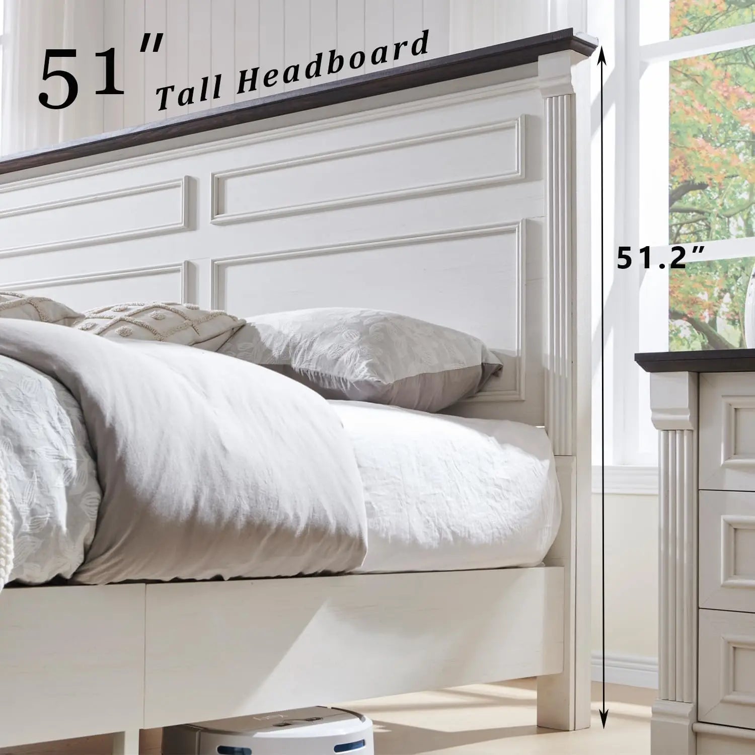 Farmhouse King Size Bed Frame with 51" Tall Headboard, Wood Platform Bed Frame 20" Tall Roman Column Decoration Footboard(White)