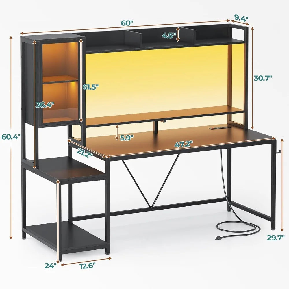 Gaming Desk, 60'' Gaming Desk with Hutch and LED Lights, Computer Desk with Storage Shelves, Large PC Gamer Desk with Display C