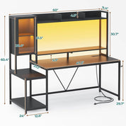 Gaming Desk, 60'' Gaming Desk with Hutch and LED Lights, Computer Desk with Storage Shelves, Large PC Gamer Desk with Display C