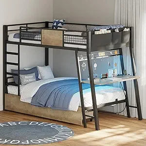 Bunk Bed with Desk, Twin Over Twin Metal Bunk Beds with Power Outlets, RGB LED Lights, 2 Larger Storage Drawers, Bed with Safety