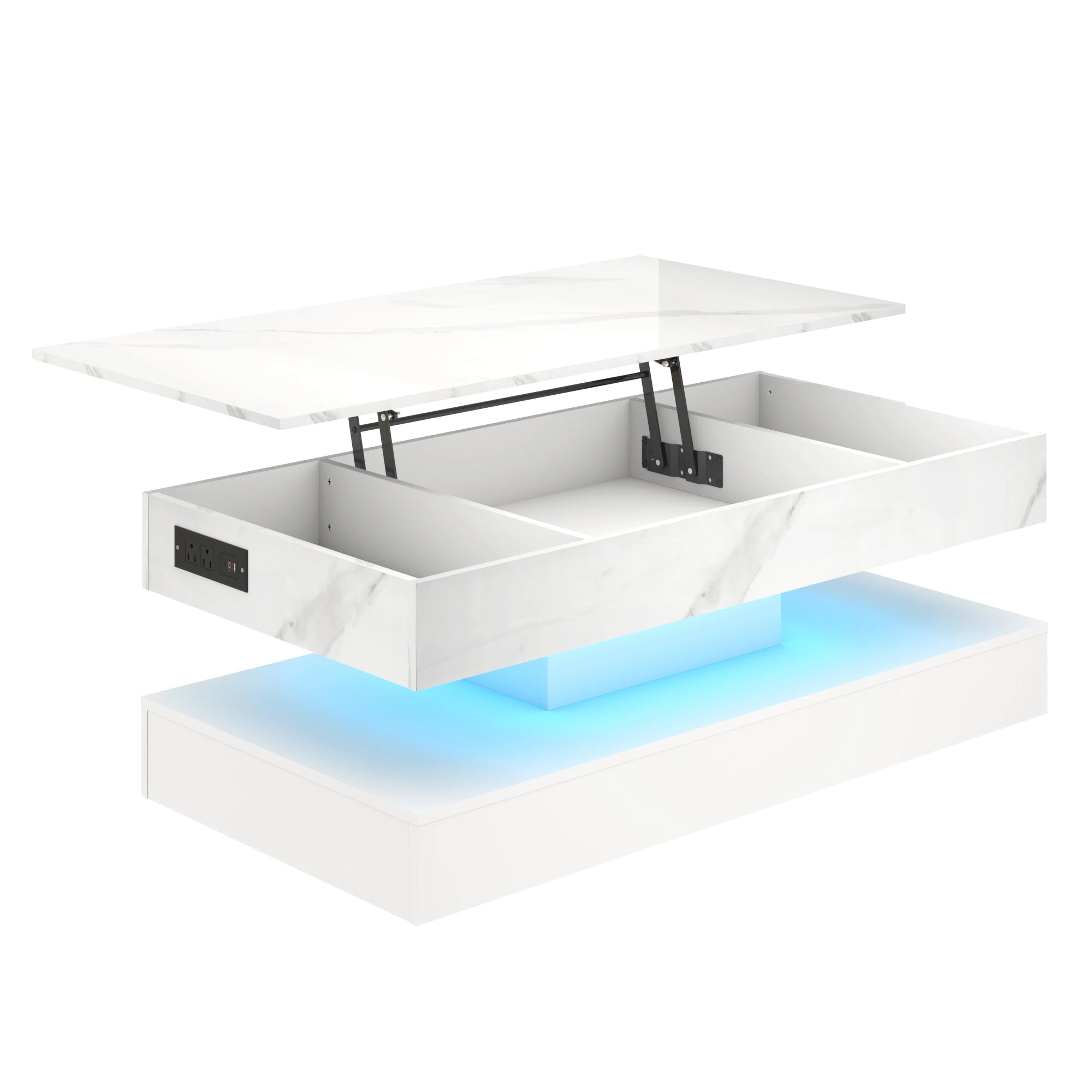 High Glossy LED Coffee Tables for Living Room, Center Table with Open Display Shelf & Large Storage Space, White Coffee Table
