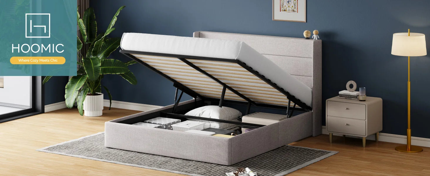 HOOMIC Lift-Up Storage Bed with Upholstered Wingback Headboard – Hydraulic Platform Bed with Under-Bed Storage, Durable Metal Frame, Multiple Mattress Sizes