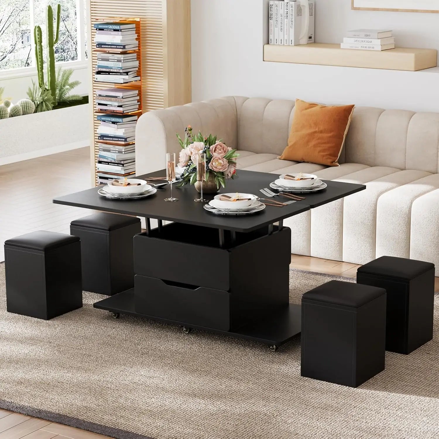 FurnishSpot Natural Lift-Top Coffee Table with Hidden Storage | 3-in-1 Multifunction Center Table with 4 Stools