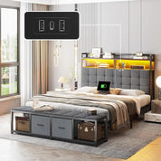 Full Size Bed Frame with Headboard and 60" W Bed End Stool, 2 Drawers & LED & Charging Port
