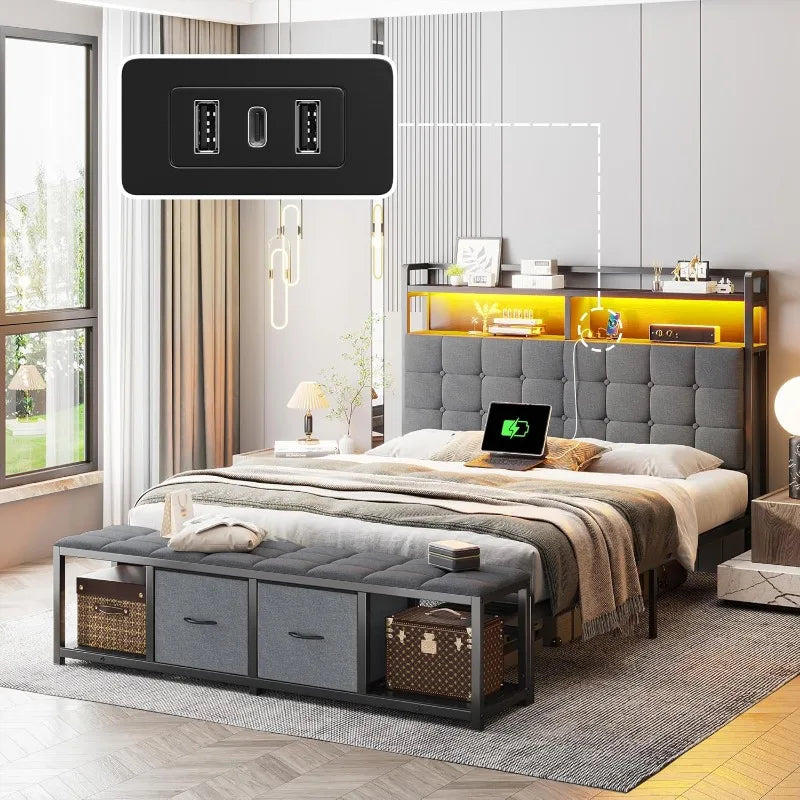 Full Size Bed Frame with Headboard and 60" W Bed End Stool, 2 Drawers & LED & Charging Port