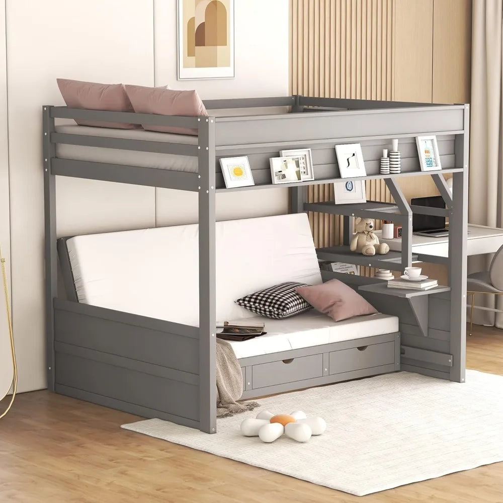 Full/Double Bunk Beds with Stairs, Built-in Small Shelf, and 3 Drawers