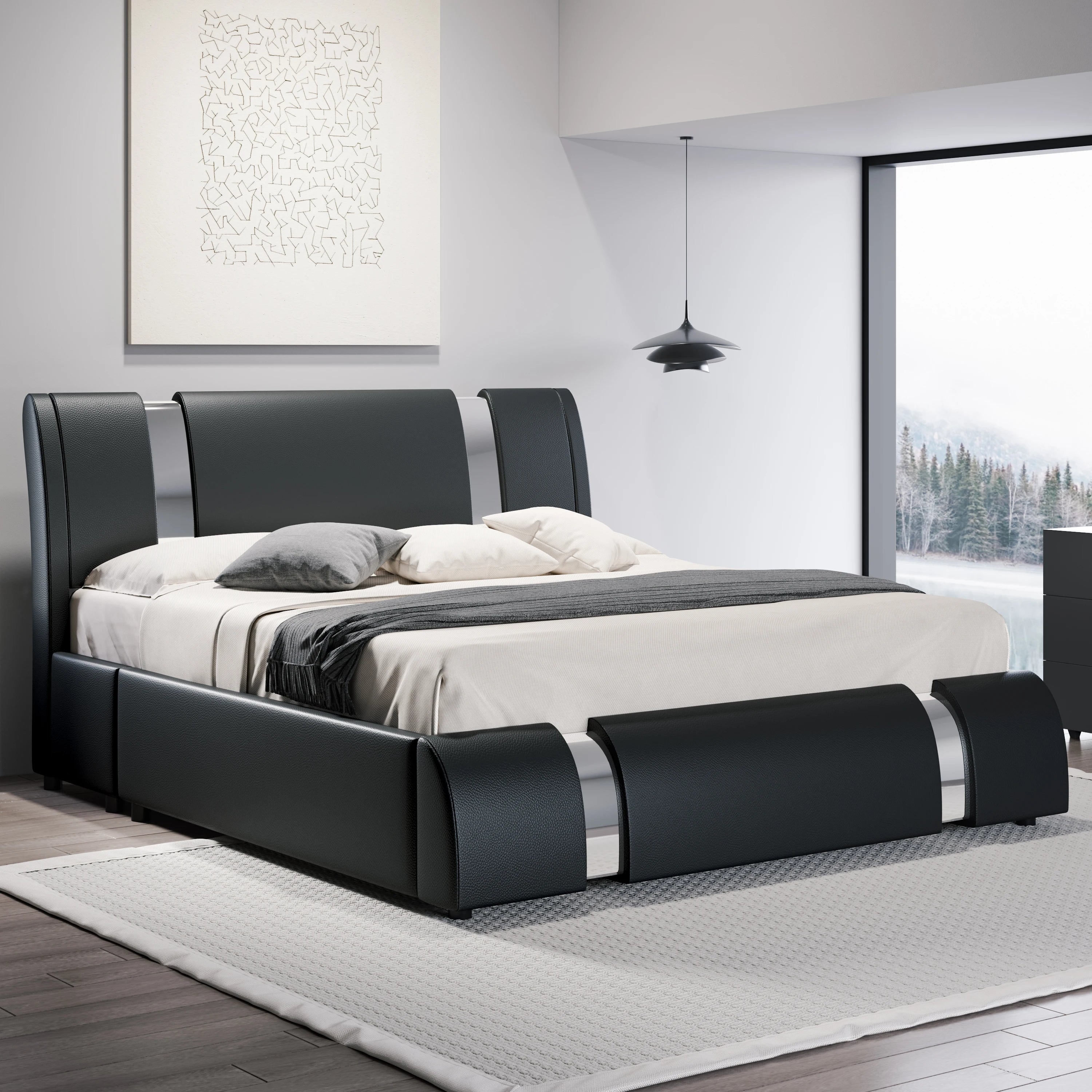 Modern Faux Leather Low Profile Platform Bed with Height-Adjustable Headboard