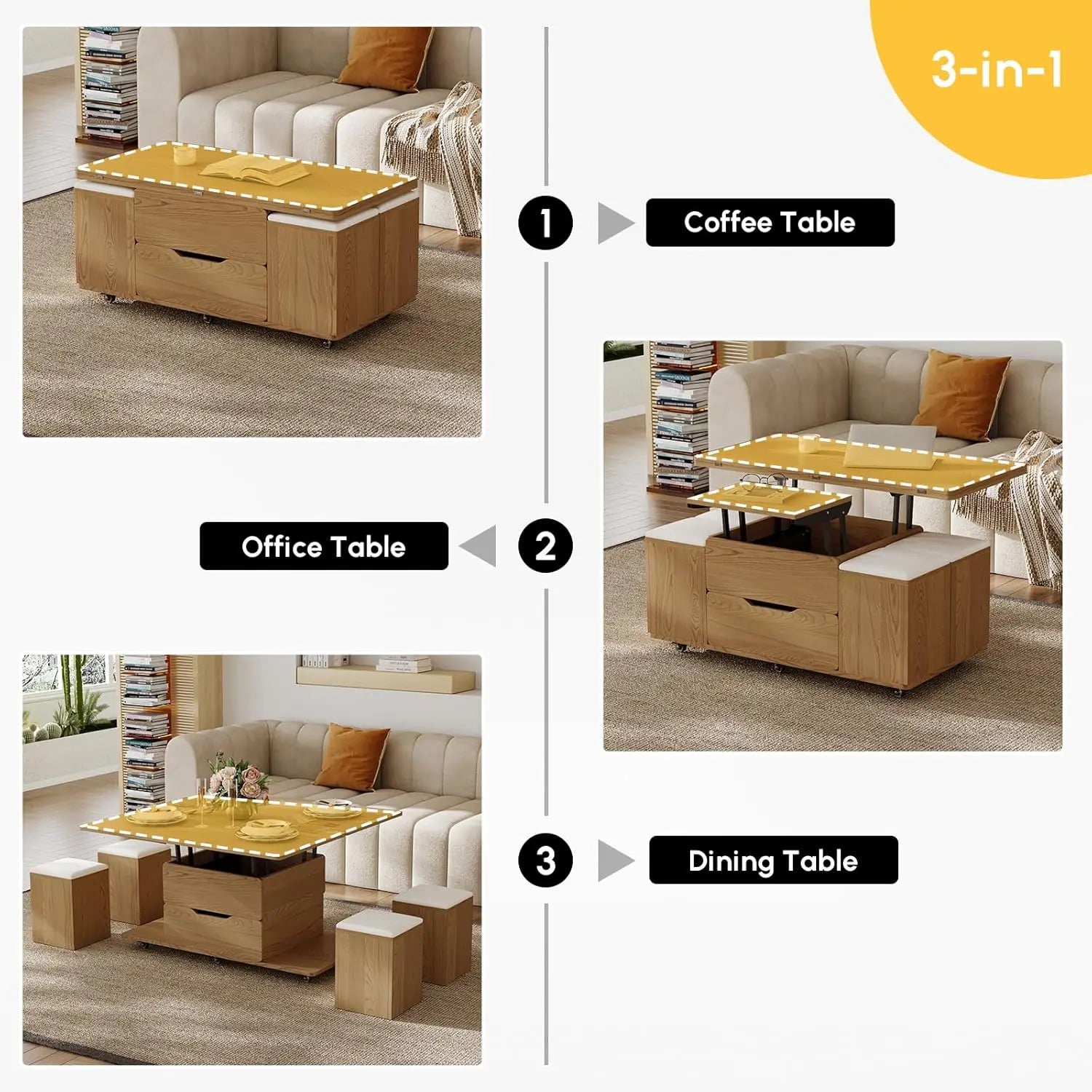 FurnishSpot Natural Lift-Top Coffee Table with Hidden Storage | 3-in-1 Multifunction Center Table with 4 Stools