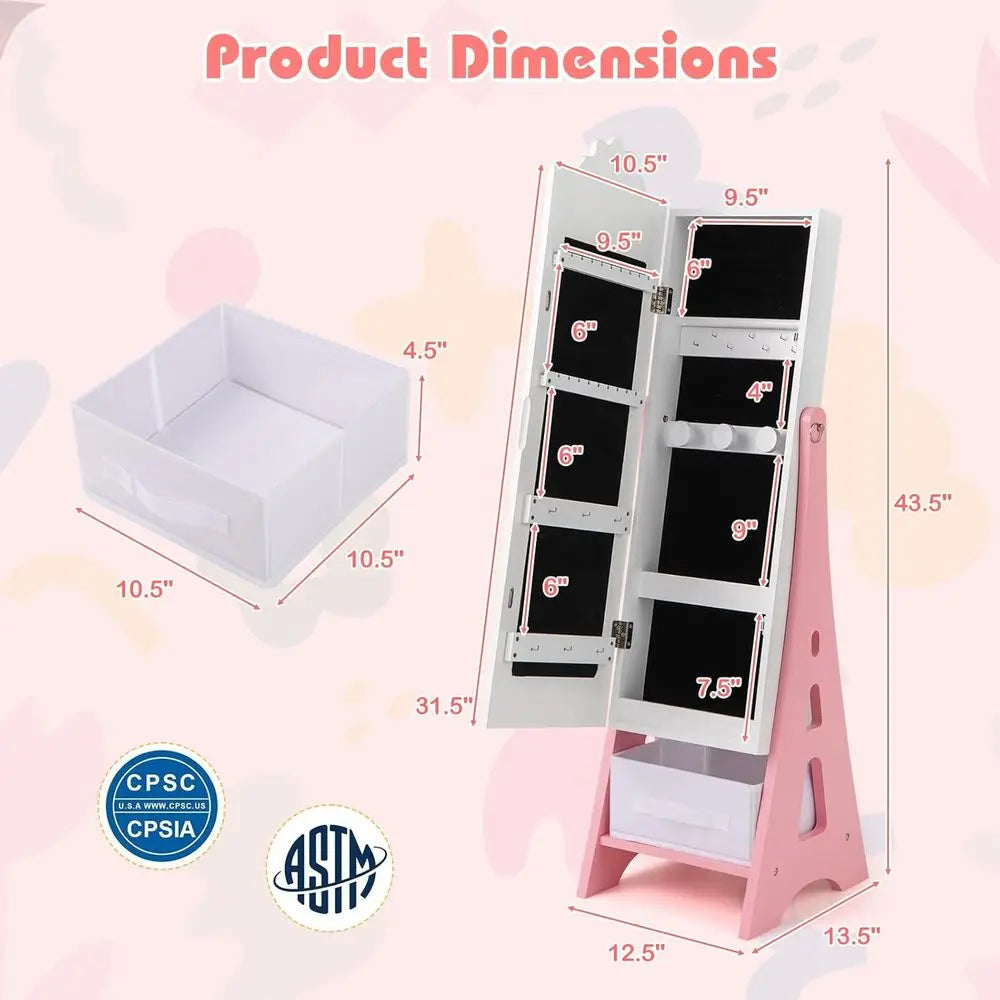 Children’s Wooden Standing Jewelry Cabinet with Full-Length Mirror & Storage Drawers – White