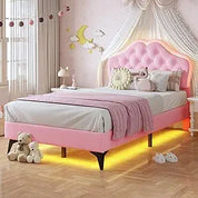 FurnishSpot Twin Size LED Upholstered Platform Bed for Girls, Adjustable Velvet Crystal Button Headboard with Storage Drawer
