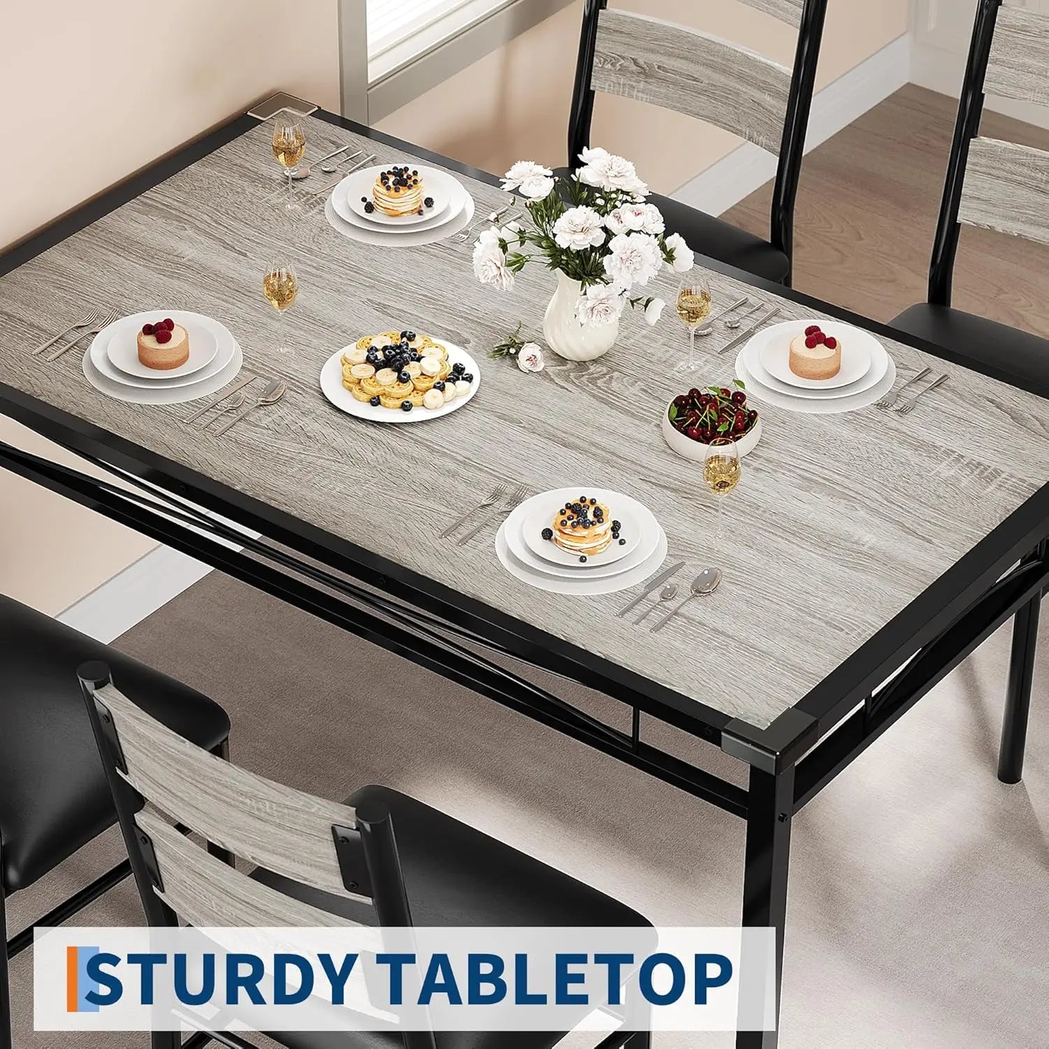 FurnishSpot® Industrial Dining Table Set for 4 with PU Upholstered Chairs – Space-Saving Kitchen Table Set