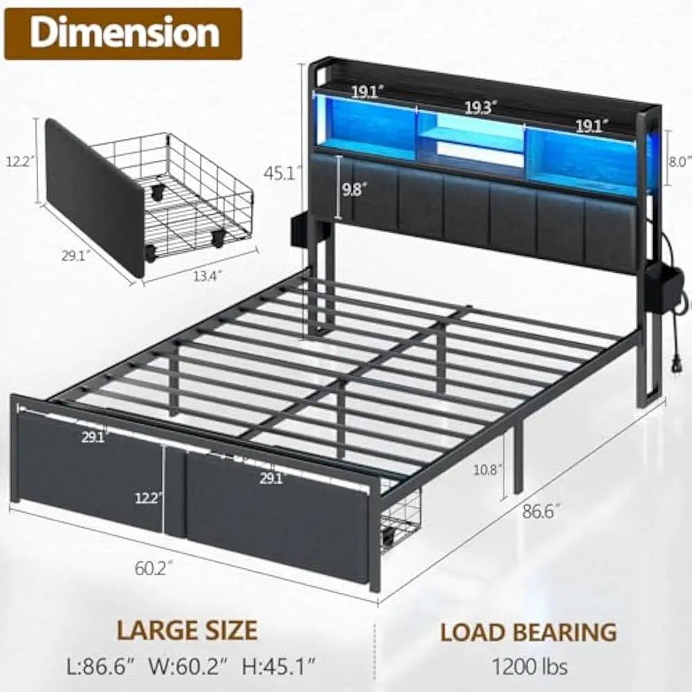 LED Queen Size Bed Frame with Storage Drawer and Charging Station