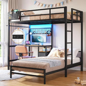 Bunk Bed Twin Over Twin Size with Desk and Charging Station L-Shaped Metal Bunk Bed with Led Lights & Storage Shelves and Drawe