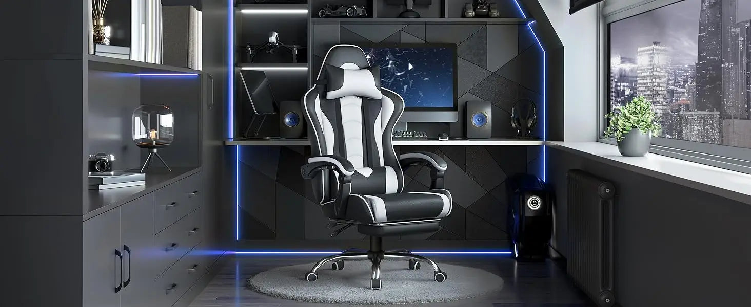 Gaming Chair w/ Massage Lumbar Support & Footrest