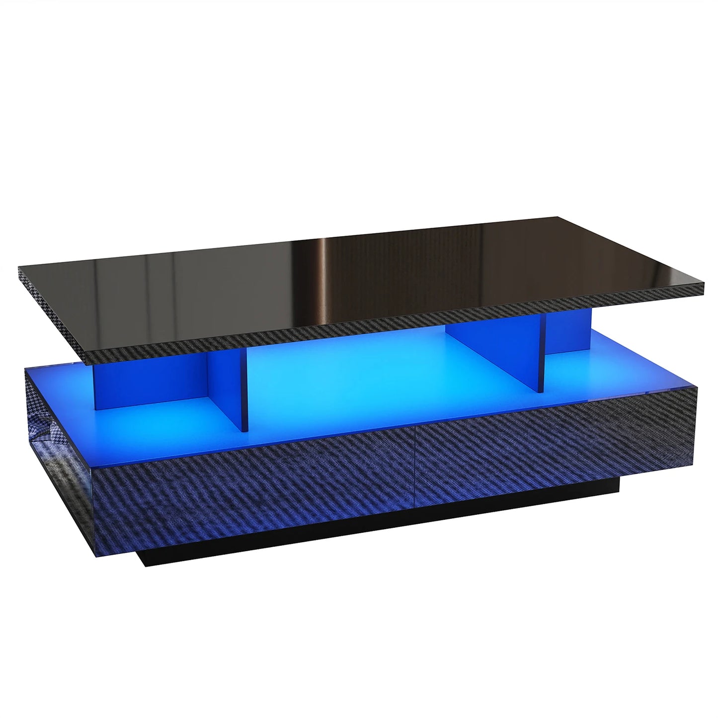 43 Inch LED Coffee Table w/2 Storage Drawers, Modern High Gloss Coffee Table w/Display Shelf, Rectangle 2-Tier Center Table