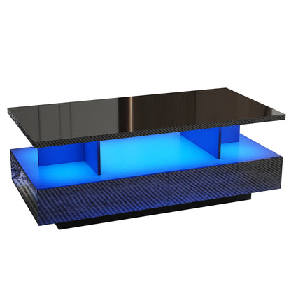 43 Inch LED Coffee Table w/2 Storage Drawers, Modern High Gloss Coffee Table w/Display Shelf, Rectangle 2-Tier Center Table
