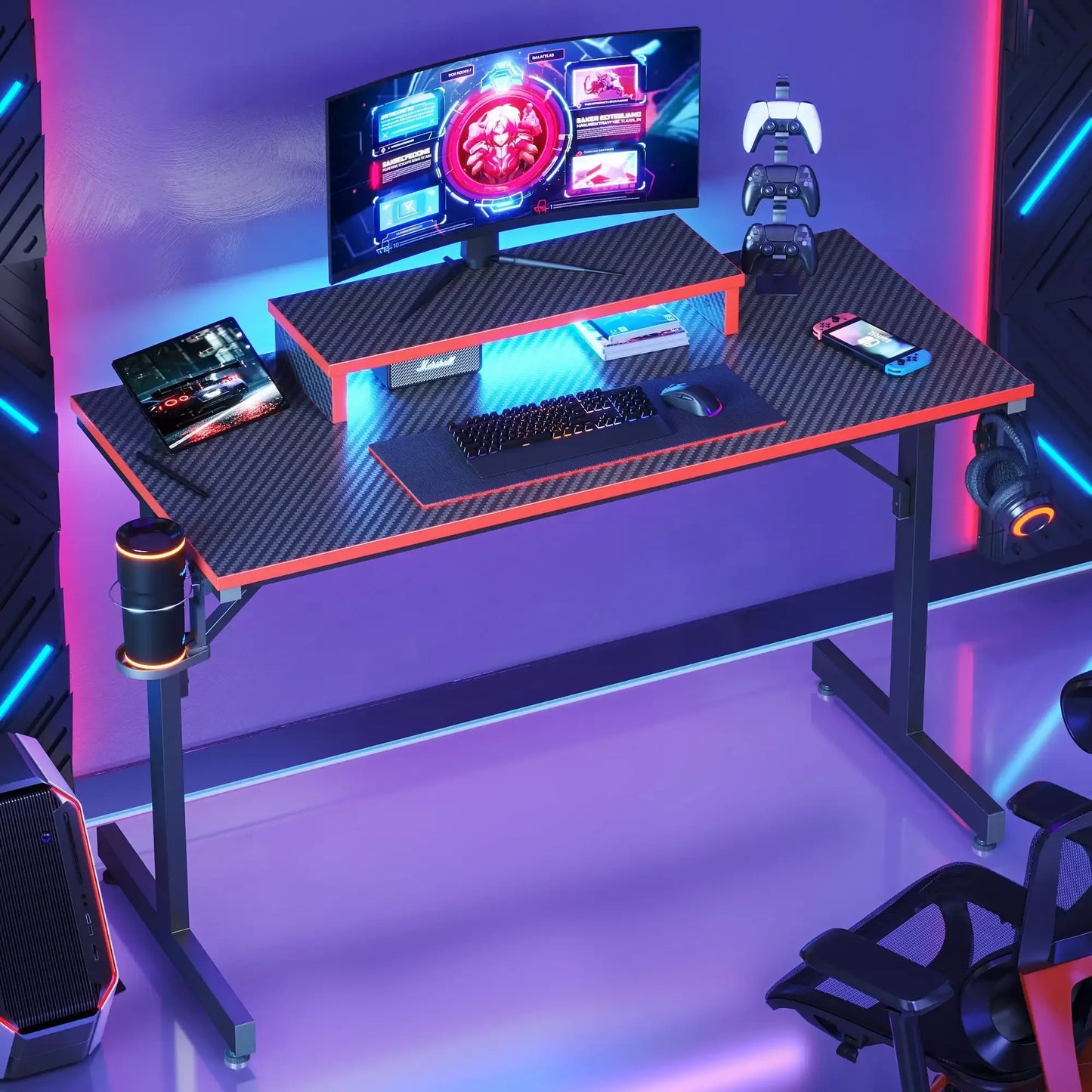 42" Gaming Desk with LED Lights & Monitor Stand