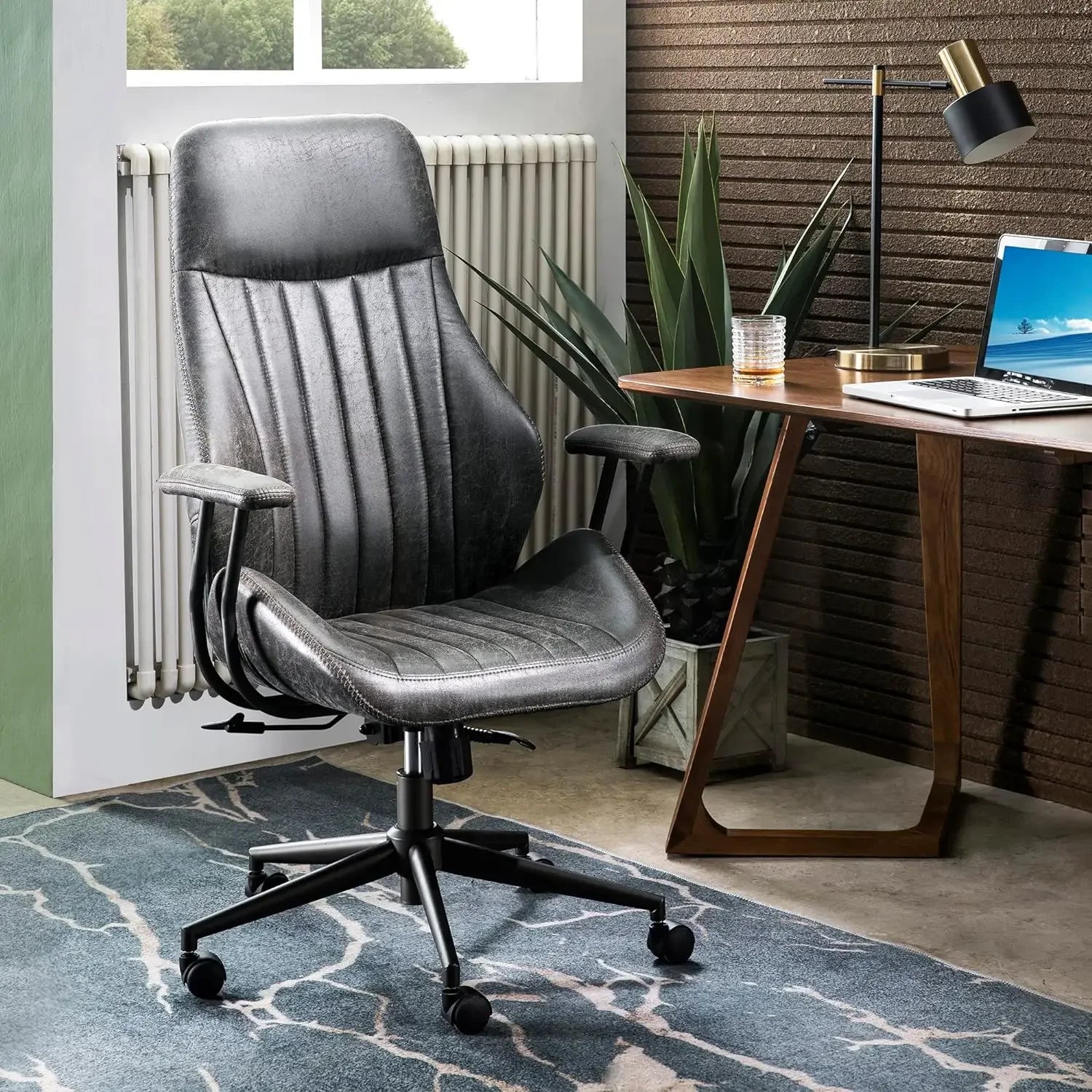 Ergonomic Home Office Chair, Mid-Century Modern Leather Chair with Lumbar Support, High Back Swivel Rolling Executive Chair