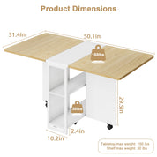 Folding Dining Table, Drop Leaf Dining Table for 4, Foldable Kitchen Table with 6 Wheels and 2 Storage Shelf, Space Saving