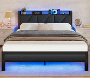 Queen Size Bed Frame with Headboard and LED Lights, Upholstered Bedframe with Charging Station and USB Port, Platform Metal