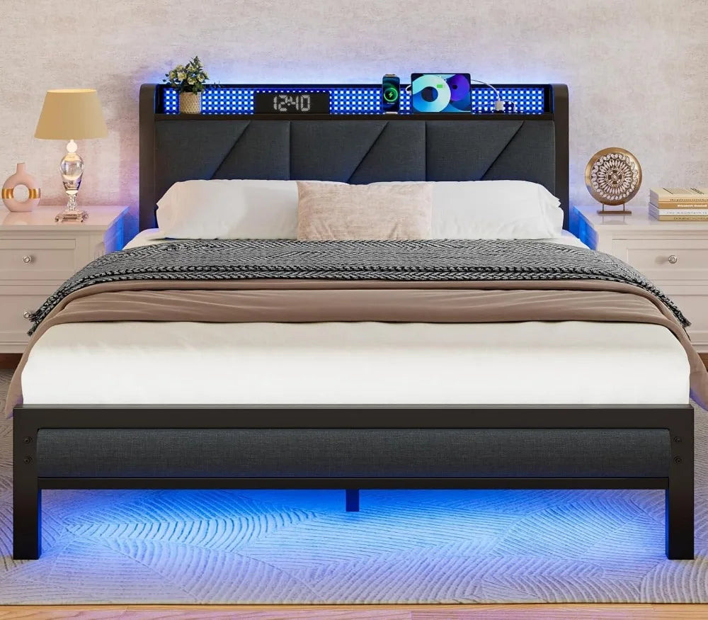 Queen Size Bed Frame with Headboard and LED Lights, Upholstered Bedframe with Charging Station and USB Port, Platform Metal