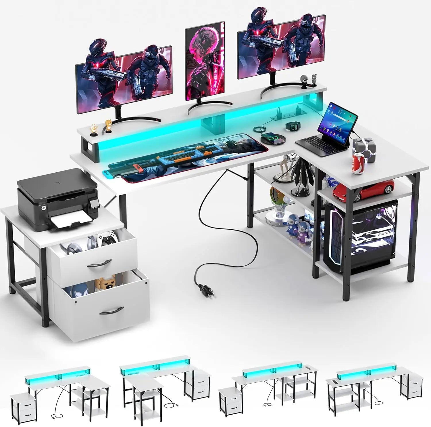 FurnishSpot® Reversible L-Shaped Computer Desk with LED Monitor Stand, Storage & Charging Station