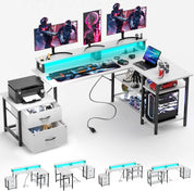 FurnishSpot® Reversible L-Shaped Computer Desk with LED Monitor Stand, Storage & Charging Station