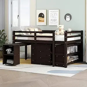 Playful Design Full Size Low Loft Bed with Slide and 3 Storage Drawers, Multiple Functions Wooden Loft Bed Frame with 2 Doors fo