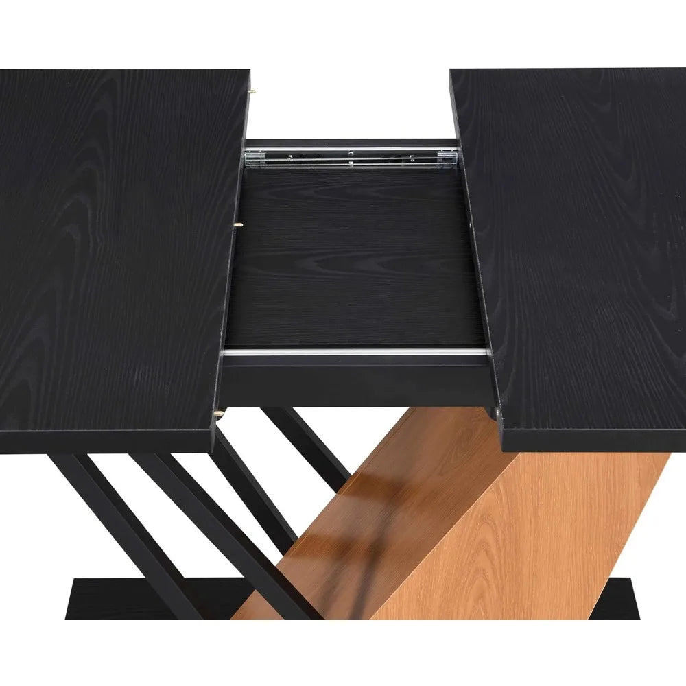 Extendable Dining Room Table for 4-6, Modern 61.81" (46.46") Wooden Geometric Rectangular Expandable Conference Kitchen Table wi