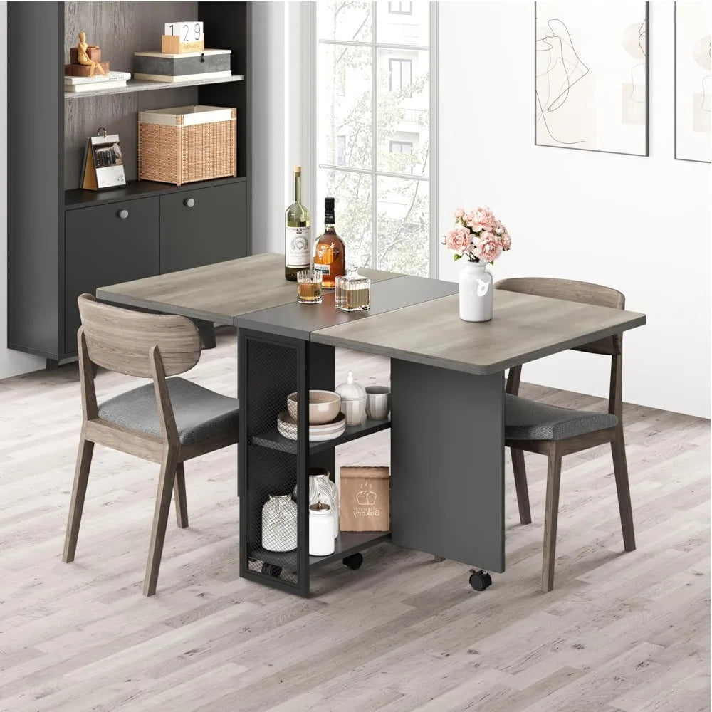 Folding Dining Table, Drop Leaf Dining Table for 4, Foldable Kitchen Table with 6 Wheels and 2 Storage Shelf, Space Saving Tabl