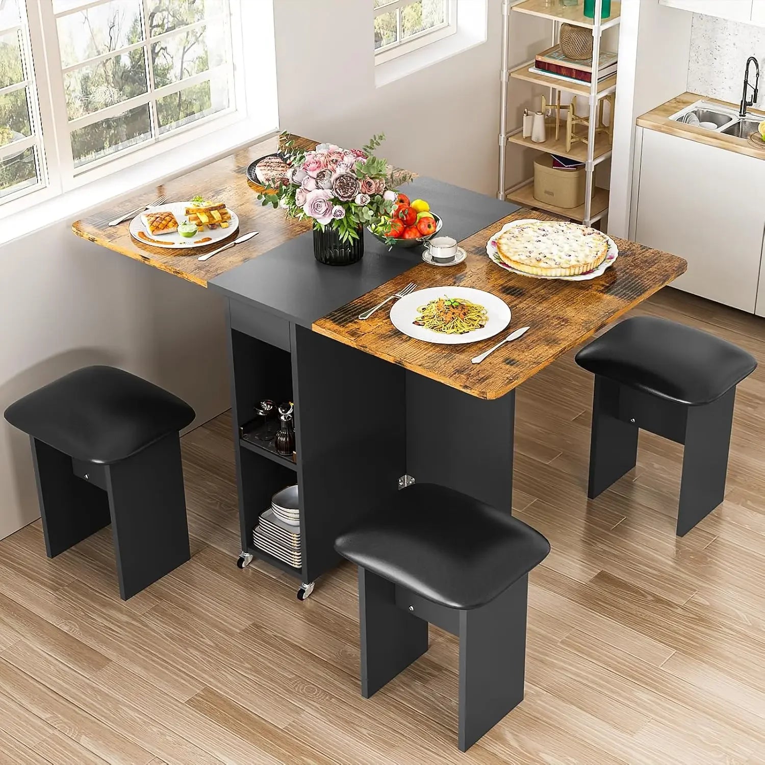 Folding Dining Table Set for 4, 4 Leather Chairs & Shelves – Foldable with 6 Wheels, Space-Saving Design