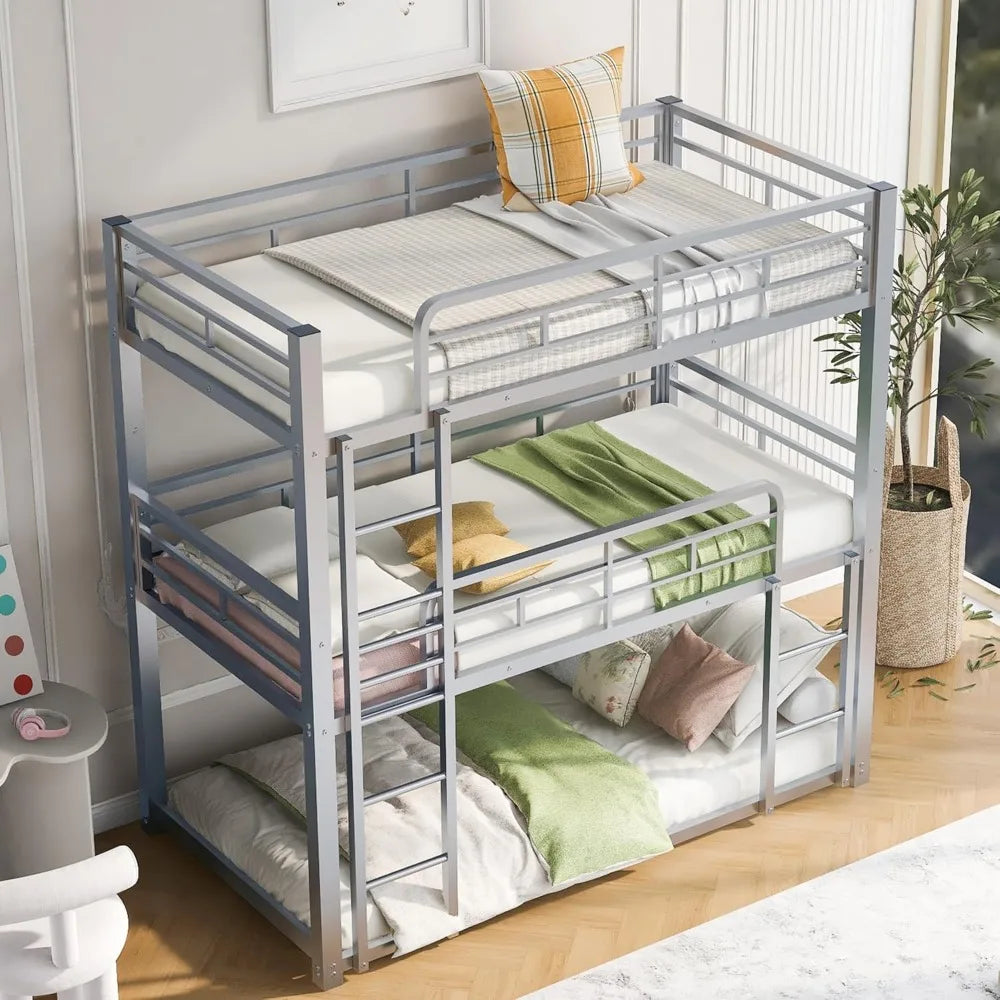 Twin Size Metal Bunk Bed with Built-in Ladder, Safety Guardrails for Small Spaces