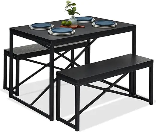 FurnishSpot SpaceSmart™ Dining Table Set with Benches – Industrial Modern Design