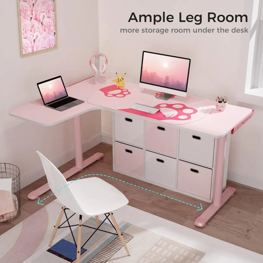 Pink L Shaped Gaming Desk, 60 Inch Large Home Office Corner PC Computer Table Study Writing Modern Workstation Girls  Female