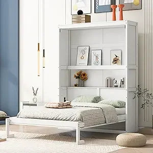 Full Murphy Bed with Storage Shelves, Drawers, LED Light, and Flexible Slats Support