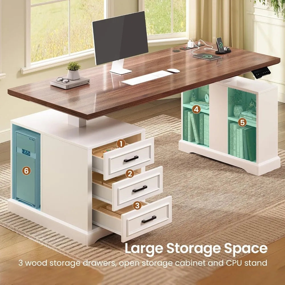 SmartHealth™ Farmhouse Electric Standing Desk – 63" Height Adjustable Computer Desk with 3 Drawers & Storage Shelves